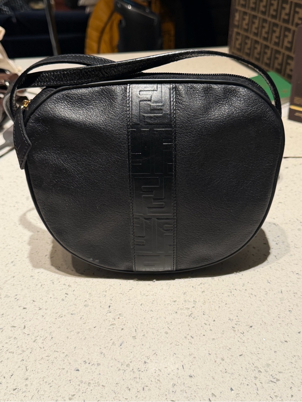 Fendi Black Leather Shoulder Bag with Embossed Center Stripe